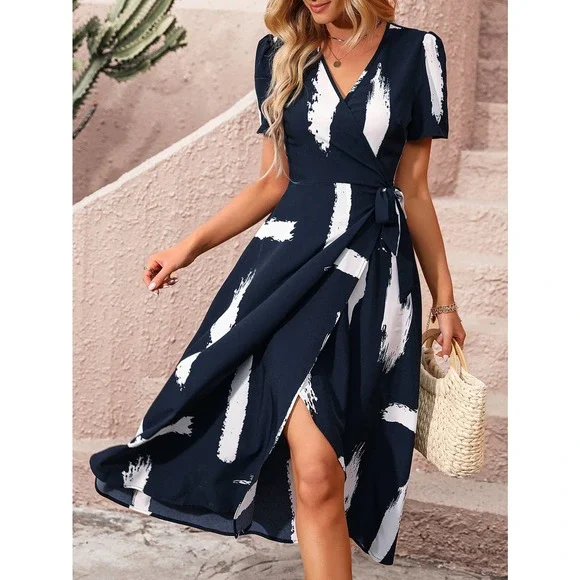 minimalist Brush Print Knot Side Wrap midi Dress black white - Picture 12 of 12